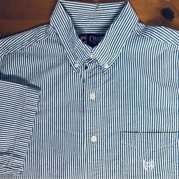 Chaps Men's Medium 100%‎ Cotton Blue White Striped Seersucker Shirt - Picture 1 of 13